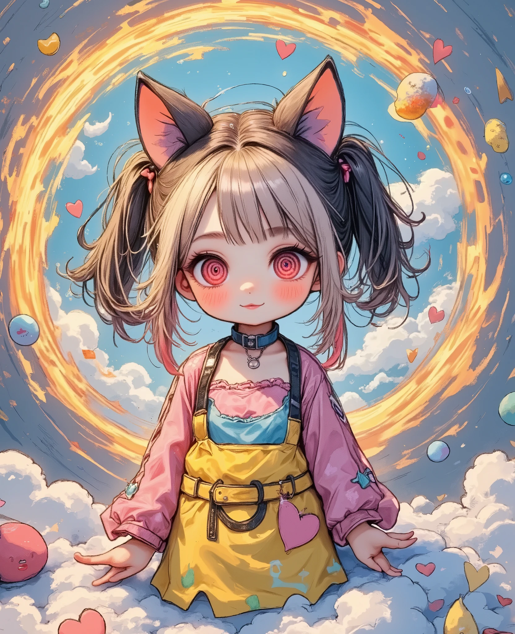 a vibrant and playful depiction of a once intimidating figure transformed into an adorable girl, posing cutely with hands forming a heart, her outfit replaced by pastel-colored fabrics covered in cute motifs, her figure simplified using cartooning techniques, bubbles float around her as glowing lines trace her movements, blending Kawaii and Abstract aesthetics