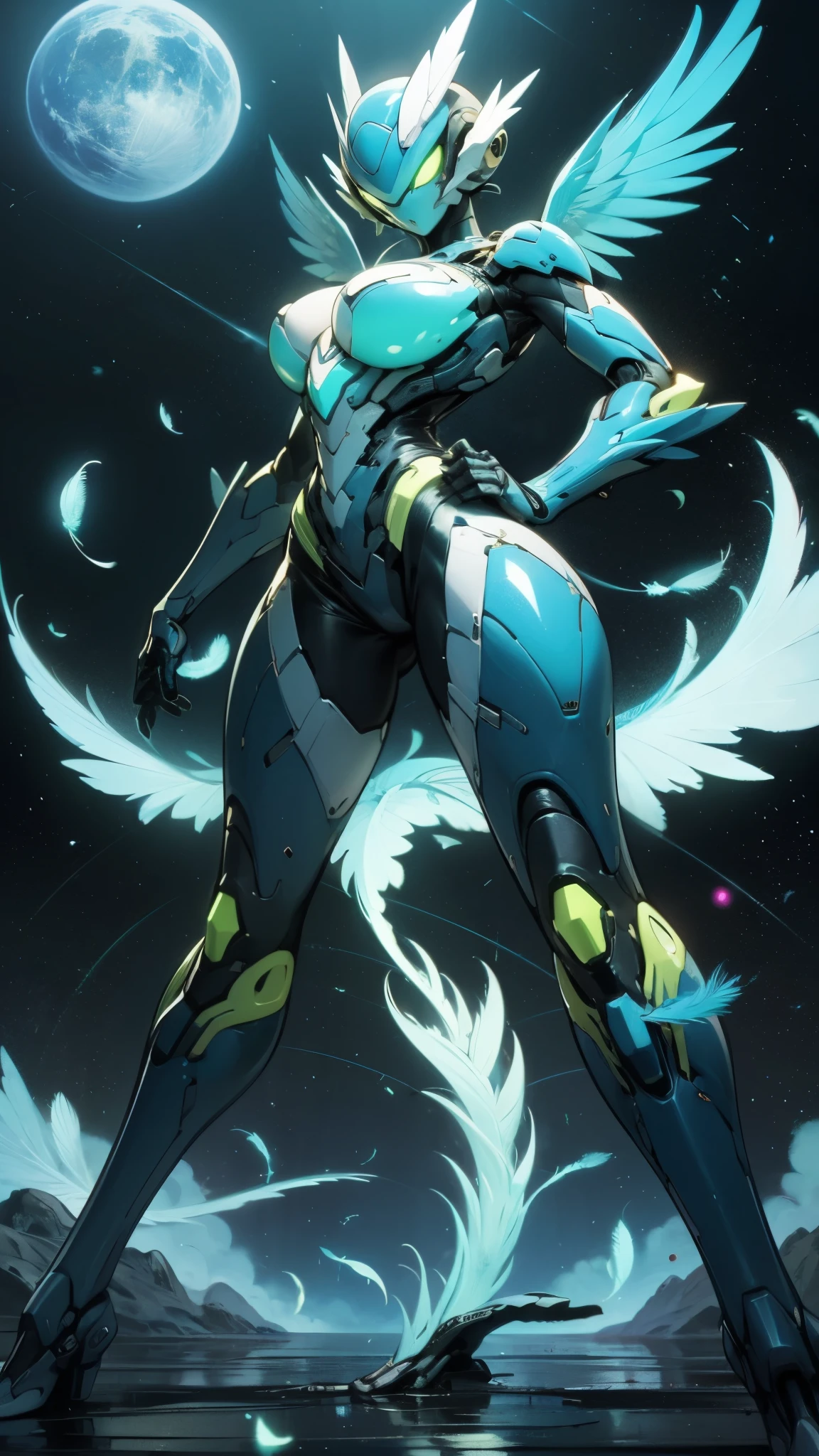 (high-res, vivid colors), blue bird alien, detailed feathers, sparkling eyes, alien landscape, vibrant colors, surreal atmosphere, glowing lights, otherworldly features, intricate patterns, dreamlike scenery