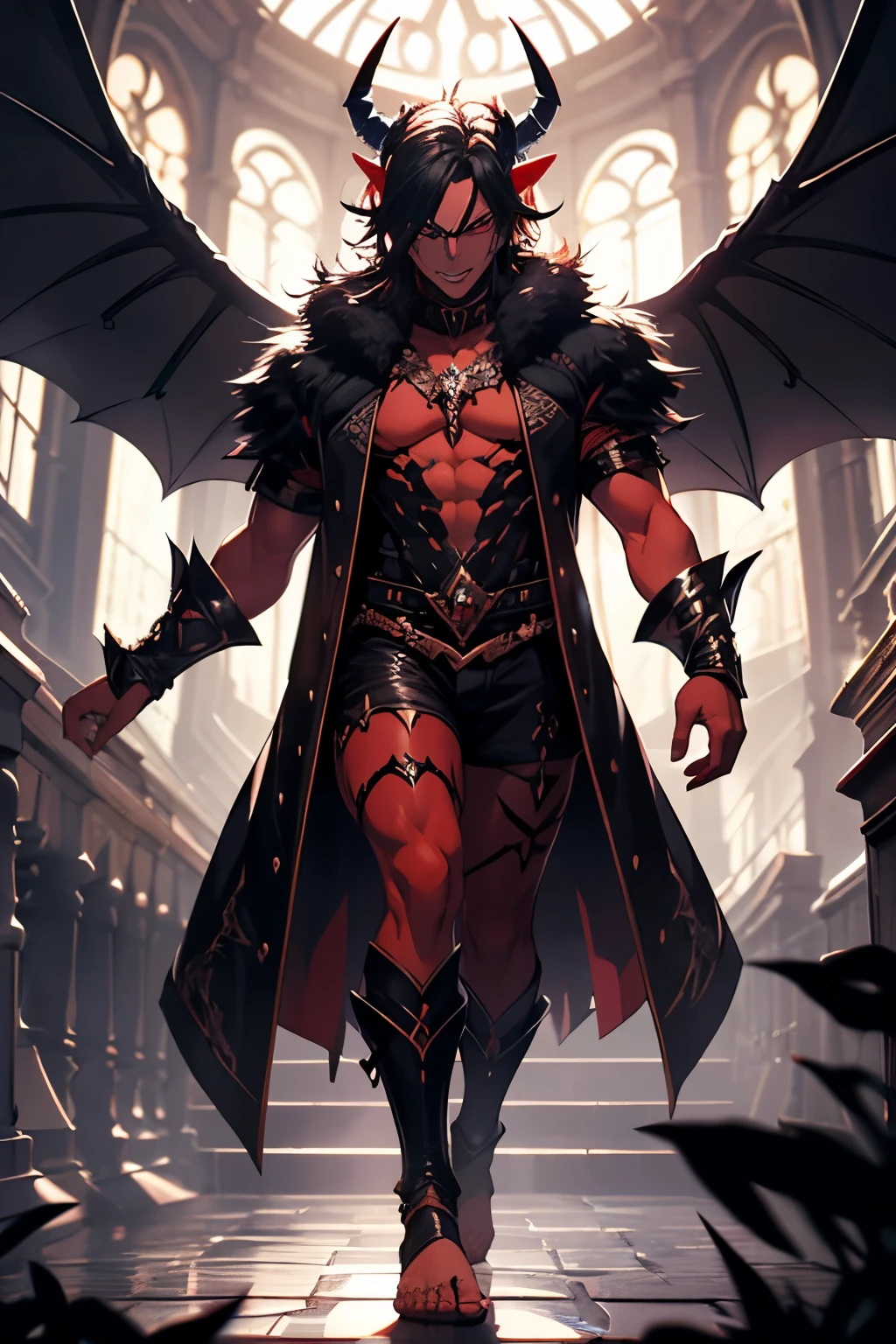 Male humanoid demon. height 1,95. athletic. full body costume. Underworld God. Diabolical. red skin. short black hair . bright purple eyes . detailed eyes . sombrio. with two large horns. big horns. malignant. sharp black nails . Devilish face . bare feet. Diabolical