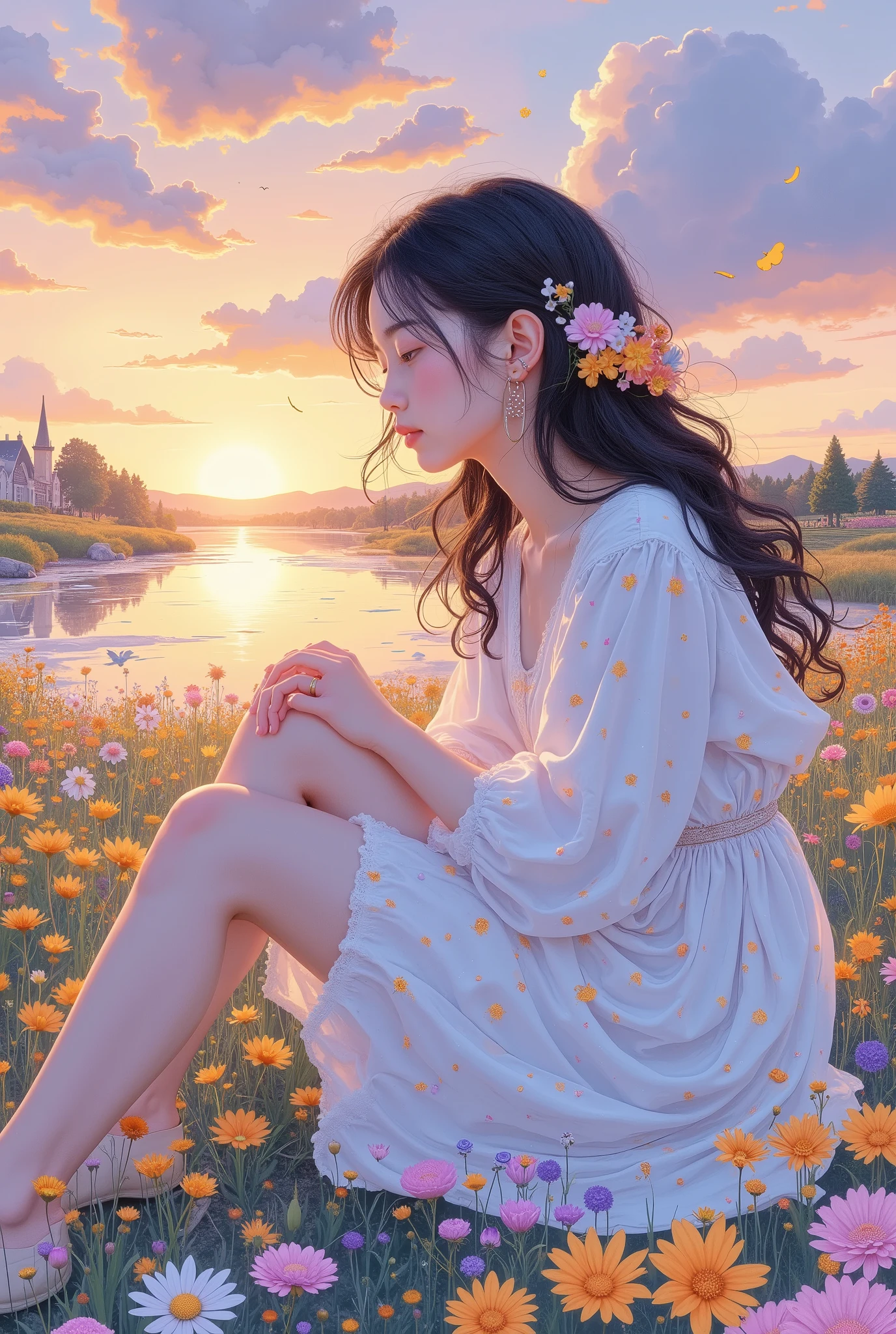 an impressionistic depiction of a cute girl sitting gracefully, her form subtly merging with a glowing pastel landscape, delicate brushstrokes capture the soft light of a sunset reflecting off water, surrounded by fields of flowers, honoring the impressionist style of Claude Monet