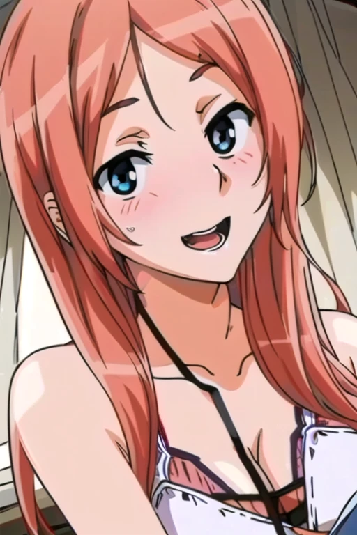 Inoue Orihime Bleach,nice body,beach,long hair,topless,no bra,only G-string panties,covering breasts,blushing