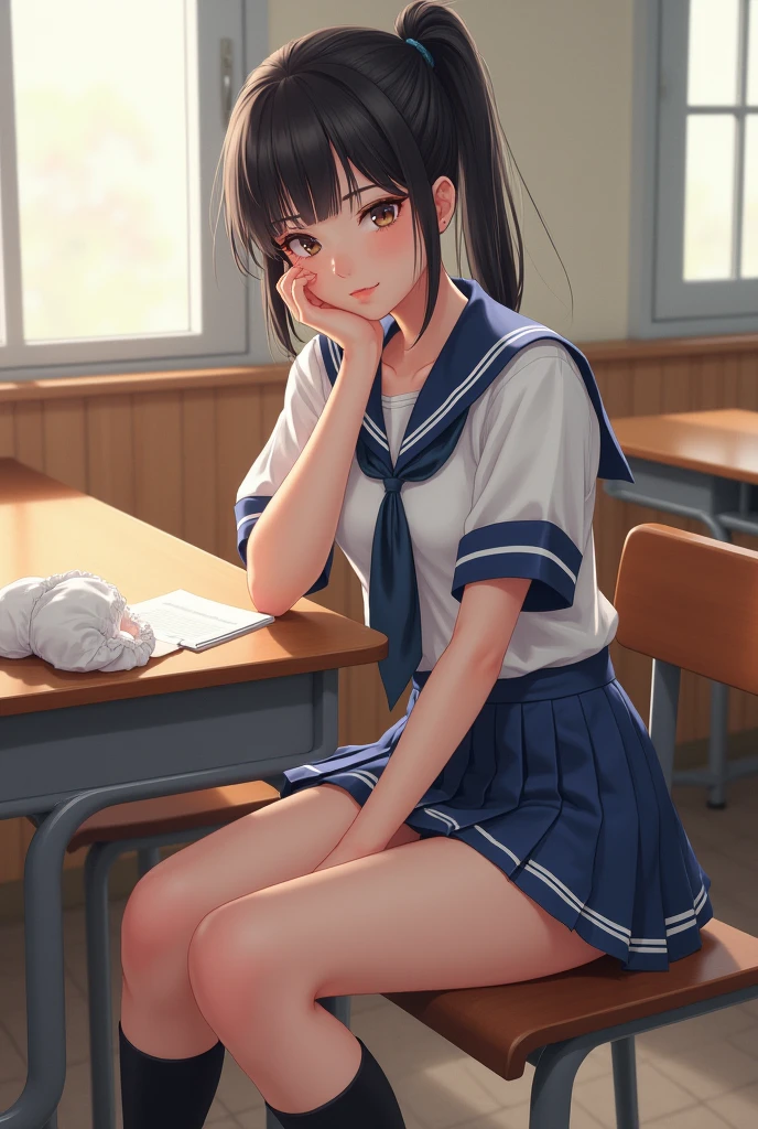 (masterpiece:1.2, top-quality), (realistic, photorealistic:1.4), beautiful illustration, 
looking at viewer, cowboy shot, front view:0.8, 
1 girl, japanese, high school girl, (long hair:1.4), light brown hair, (twin tail:1.7), large breasts:0.8, white skin
beautiful hair, beautiful face, beautiful detailed eyes, beautiful clavicle, beautiful body, beautiful chest, beautiful thigh, beautiful legs, beautiful detailed fingers, 
(beautiful scenery), , classroom, desks, chairs, 
((cute school uniform, long sleeves, pleated skirt, sailor collar, scarf)), white panties, shoes, 
sitting, sit in a chair, 
smile, peace sign,