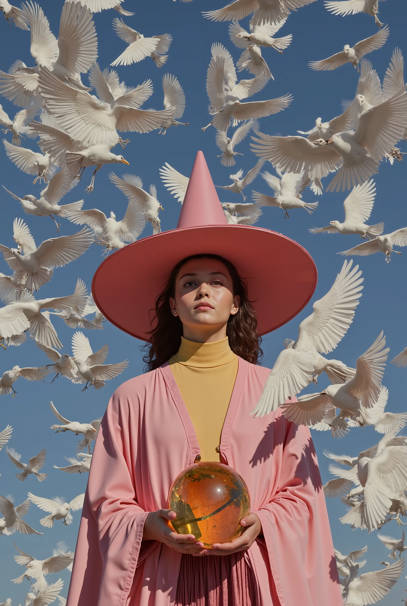 (photorealism:1.2), (best quality,4k,8k,highres,masterpiece:1.2),ultra-detailed,(realistic,photorealistic,photo-realistic:1.37),a wizard girl, wearing rich pink wizard outfit, standing, an unusual number of flying whites crows covering everywhere dynamically and 3dimentionally.The sky is filled with so many crows. inspired by the Hitchcock's film\(The Birds\),simplism,minimalism.fisheye lens,horror mood. rich pinks wizard hat, cream yellow turttleneck inside robe. rich pink long flawless skirt. hold glemering golden crystal ball