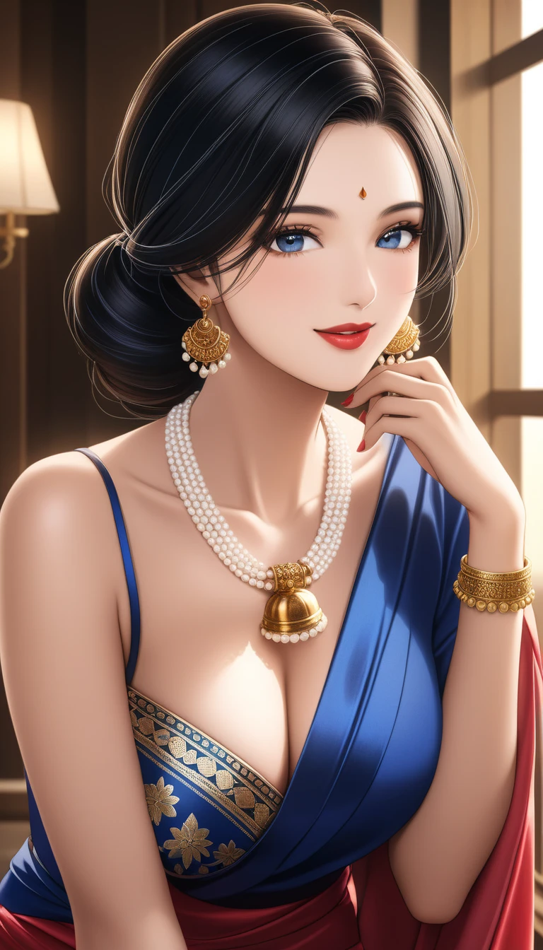 (1woman, mature, single hair braid, Multicolor silk saree, big long jhumka earrings, detailed alluring eyes, smooth detailed lips, beautiful face, smiling, red lipstick, navel, bangles, blue ribbon, saggy breasts, photorealistic, 8k, ultra-detailed, intricate, high quality, professional, masterpiece, hyper realistic, dramatic lighting, warm color tones, cinematic composition, volumetric lighting, chiaroscuro, vibrant colors, atmospheric, depth of field)