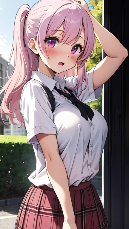 (masterpiece、top-quality、ultra-detailliert)、((1 girl))、((Pink hair twin tails))、light blue eyes、evilsmile、piercings、((very Bigger breasts))、White shirt、long-sleeve、Black Mini Pleated Skirt、cowboy shot、POV、Back alley background