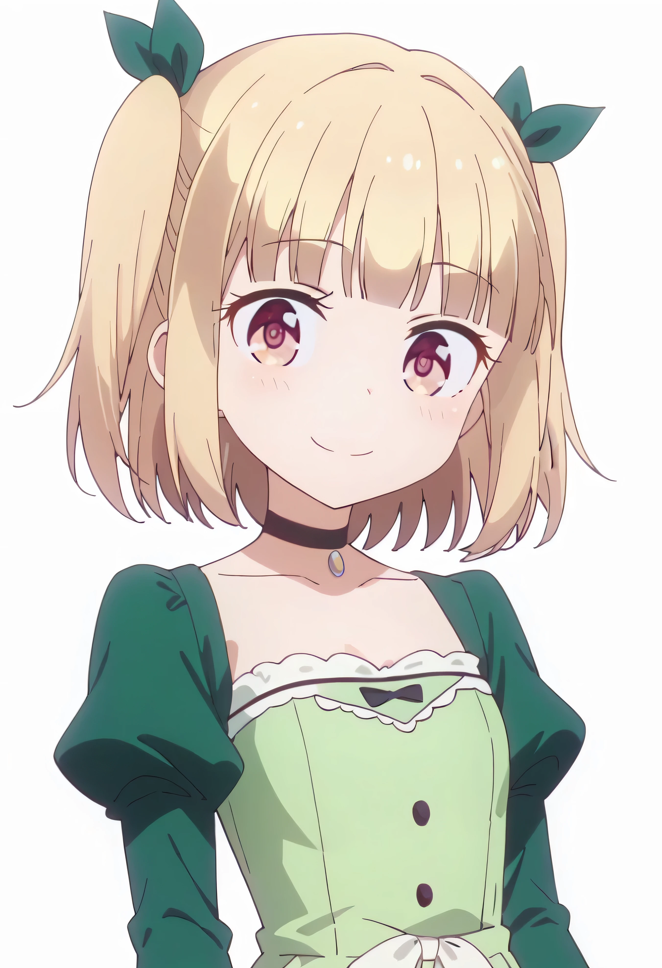 score_9, score_8_up, score_7_up, best quality, masterpiece, anime screencap, anime coloring, 1girl, solo, looking at viewer, upper body, (simple background, solid white background:1.3), yun ijima, two side up, hair ribbon, green dress, collarbone, choker, juliet sleeves, smile