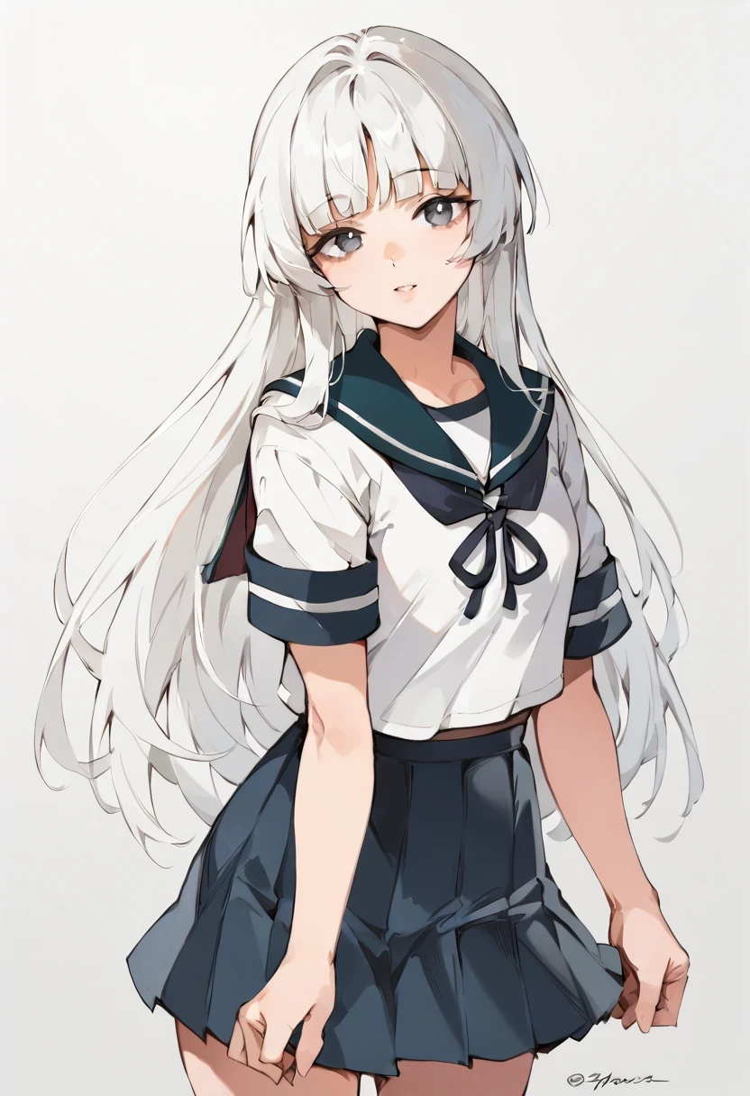 Anime girl with long white hair and blue skirt - SeaArt AI