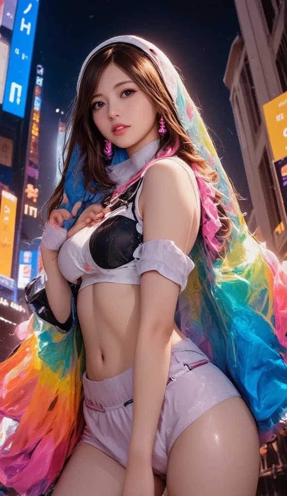 ( Cyberpunk Theme ), (Night), ( The Greatest Masterpiece, 16k, intricate detail, Award-winning work , Bird's-eye view composition ), 20-year-old woman, Perfect Face , deep neckline , Big Breasts, glamour body, Rainbow Color Super Long Hair, Neon Purple Pleated Mini Skirt , Knee High Socks , T-shirt, Jacket with Mecha , overhead headphones with sensors, Put on big cat ear , ( Highlight Thighs), Beautiful cityscape,キラキラエフェクト, ドロップシャドウ,