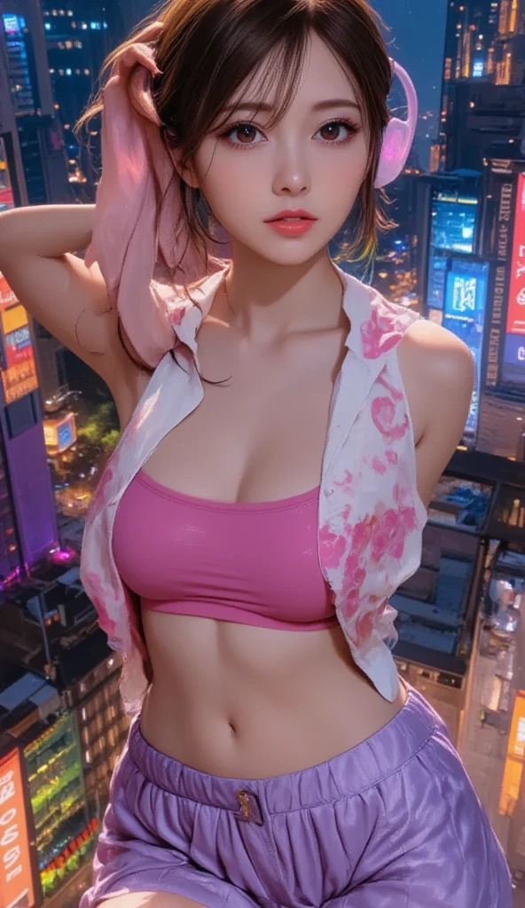 (best quality, masterpiece), 1girl, happy, panties, bra, standing, looking at viewer, blurry background, earrings, hair bun, night, china town,