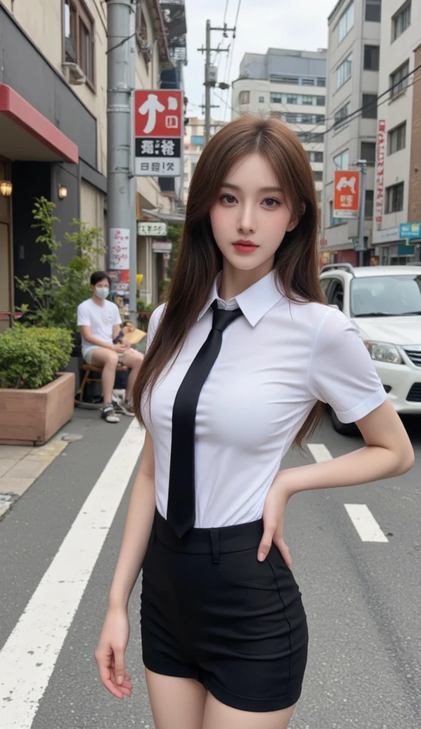 (Realistic, High Resolution: 1.3), 1 Girl with Perfect Body, H1-KEY HWISEO, 42 years old, ((h1-key hwiseo)), Create a picture of a young woman with long dark hair standing on a street in a residential area。Houses in the background、electric wire、There is a slightly cloudy sky。She has a calm and slightly curious look on her face.、White blouse with black ribbon tie、Wearing a black skirt。A black crossbody bag is slung over her shoulder.。
