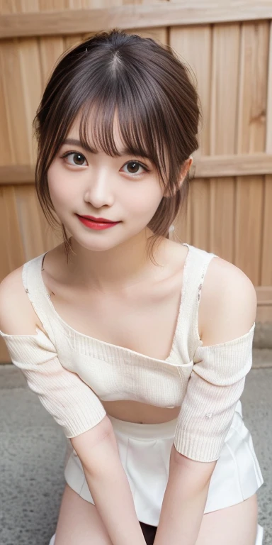 masutepiece, Best Quality, 
Ultra-detailed, finely detail, hight resolution, in 8K,
((Photorealsitic:1.4, Raw photography, 超hight resolution,Top image quality: 1.4)),
Wallpaper, 
((Perfect whole body configuration1.5)), 
Beautiful detailed eyes, Natural Color Lip,
((a serene smile:1.5)),
((Random and cute hairstyles)), 
((やや大きなbreastsout:1.2)),
((from the front side:1.5)),
((breastsout、under look eye rest out、Mole on the arm:0.9)),
((Random blurry background)),((the setting sun)),((Colored leaves)),
((Random and cute facial expressions)),, 
very detailed and professional lighting、
Perfect dynamic composition, Beautiful and detailed eye endings)), ((Off-shoulder knit sweater:1.6)),((micromini skirt:1,5)),((Smile,Harajuku)),((Sexy shot looking at camera))