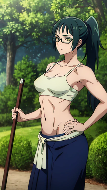 Zenin Maki, Bikini ,green hair, big , arm's wide open,curved waist,to be, curved, dark green hair, well proportioned,muscular,big thighs,medium chest.