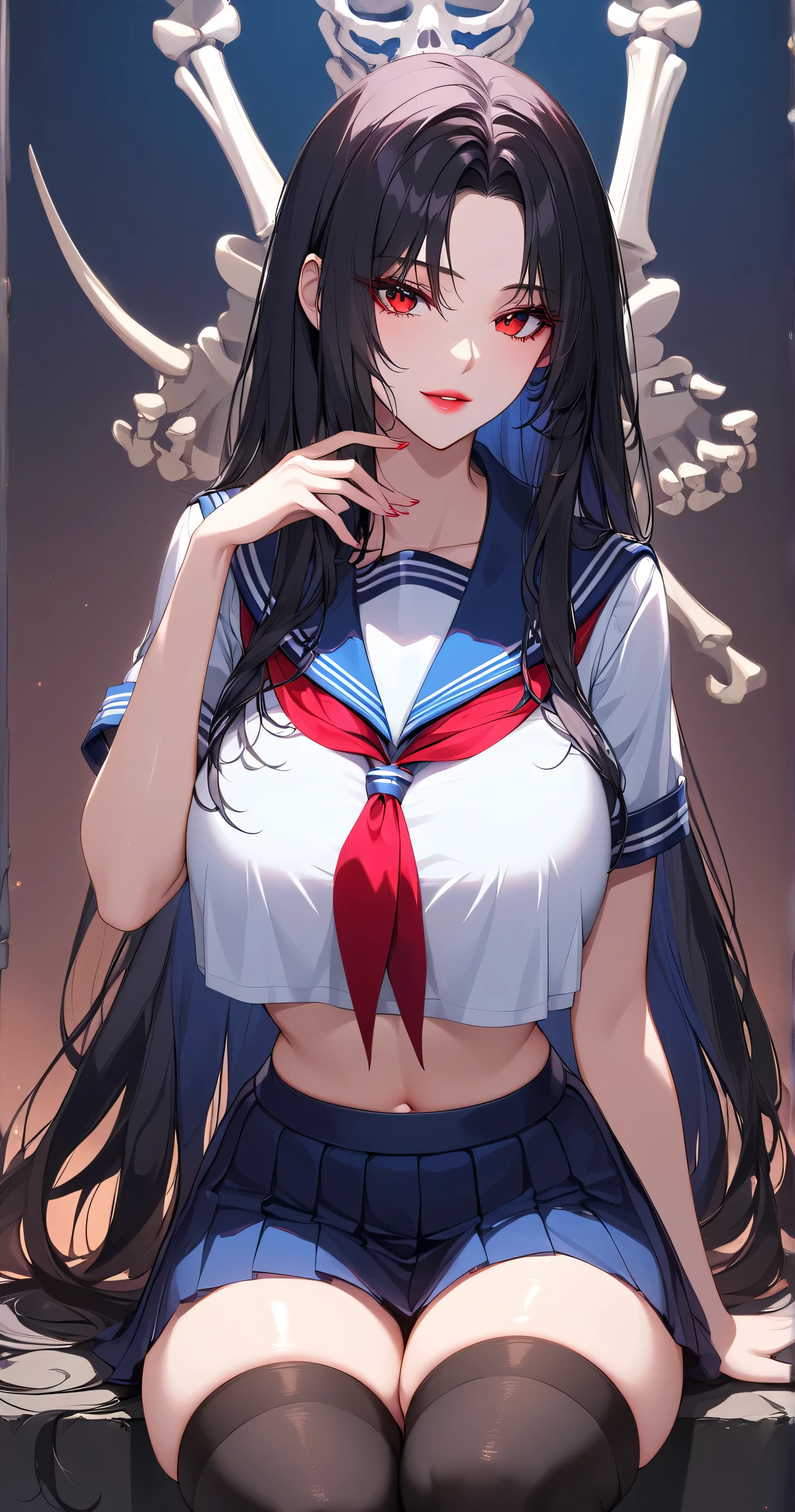 ((masterpiece, sidelighting, finely detailed beautiful eyes: 1.2)), ultra-detailed, ultra high res, professional lighting, high quality makeup, beautiful detailed eyes, sexy, beautiful, big eyes, drooping eye, (1 girl:1.3), (high school student:1.2), (middle breasts), (slender body:1.1), (navy blue sailor suit, skirt:1.6), (blush cheek, blush body:1.1), moist eyes, (black hair), (absurdly long hair, ponytail:1.1), Extremely cute, (extremely detailed beautiful face), Authentic skin texture, beautiful hair, beautiful face, beautiful eyes, beautiful body, beautiful hands, (smile), standing, (face focus:1.6), (cleavage breasts:1.4), erect nipples