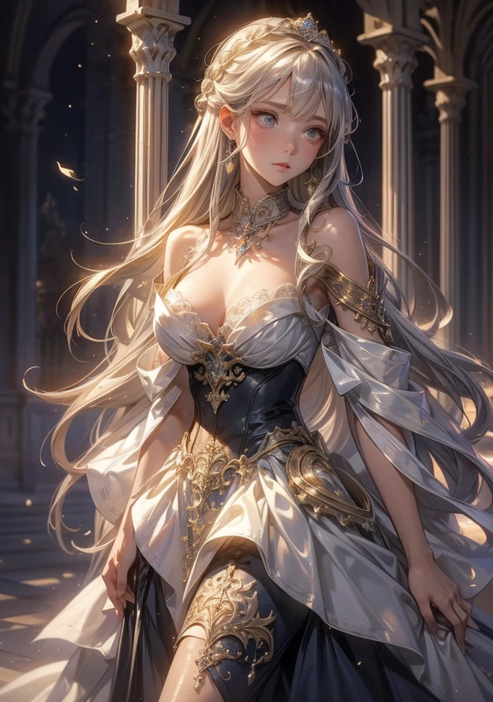 (((Full body view,1st from the bottom.3)))、Night scene,stella,(White Hair Girl:1.5),((masterpiece))、(detailed:1.4)(Close-up)、angle from above、(Backlight)(A fantastic atmosphere、Ancient Capital、Fantastic beauty images,One Woman、White Dust、Light Danceysterious atmosphere、Suspended particles), (Black Dress、long dress with sleeves、Shoulders exposed、Off the shoulder)、(Gray hair that changes with light、Long, lustrous white hair、white hair fluttering in the wind、Beautiful bangs:1.3)、(Beautiful white and shining skin、Cheek gloss highlight、Sexy and very beautiful and adorable face、The most beautiful face in the world、Big, sparkling blue eyes)、(A cute 25 year old girl、Ample breasts、Great cleavage small waist、delicate shoulders、Perfect figure)