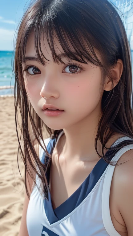 ((Highest quality)), ((masterpiece)), (detailed),Japanese,,Girl,(Blue Eyes),smile,Baby Face,Shhe beach,Small breasts,Bob Hair,(Upper Body),

