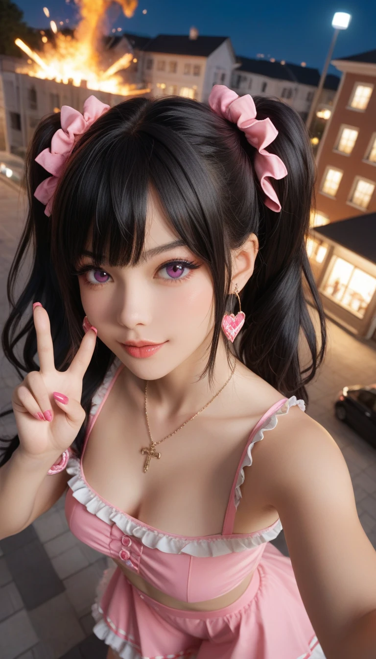masterpiece, superfine illustration, Best Quality, light Particle, Ultra-detailed, 8K Wallpaper, (Bright colors:1.2), Solo, (((tiny chest))), slender, 16-year-old, Delicate body, , (Black Long Hair), Twintail, two side up, disheveled hair, Shiny skin, Beautiful pink eyes, shiny eyes, Affectionate smile, Seductive smile, Blush cheeks,tight clothing, (Red Bruma), Looking at viewers