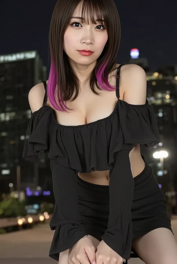 Misato Katsuragi, Evangelion, EVA 01, skin, short black dress, sexual, masterpiece, masterpiece, render, NIKON, 1.8F, hips, luche-tenue, Beautiful, purple hair, purple hair, beautiful eyes, Ideal, perfect body, Beauty, city, Streets of Tokyo, evening, night, neon genesis, killed, short black dress, necklace cross, gives, skin
