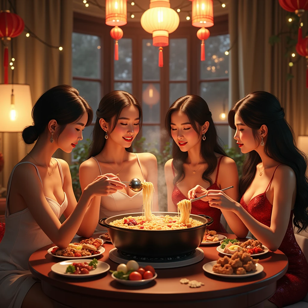 ((panning angle)), ((hyperrealistic, photorealistic, 8k)), six hot geishas, with flowing hair, with decorations in their hair, wearing low-cut sensual kimonos, are sitting at the table, three on each side, at New Year's Eve dinner, smiling and looking at the viewer.