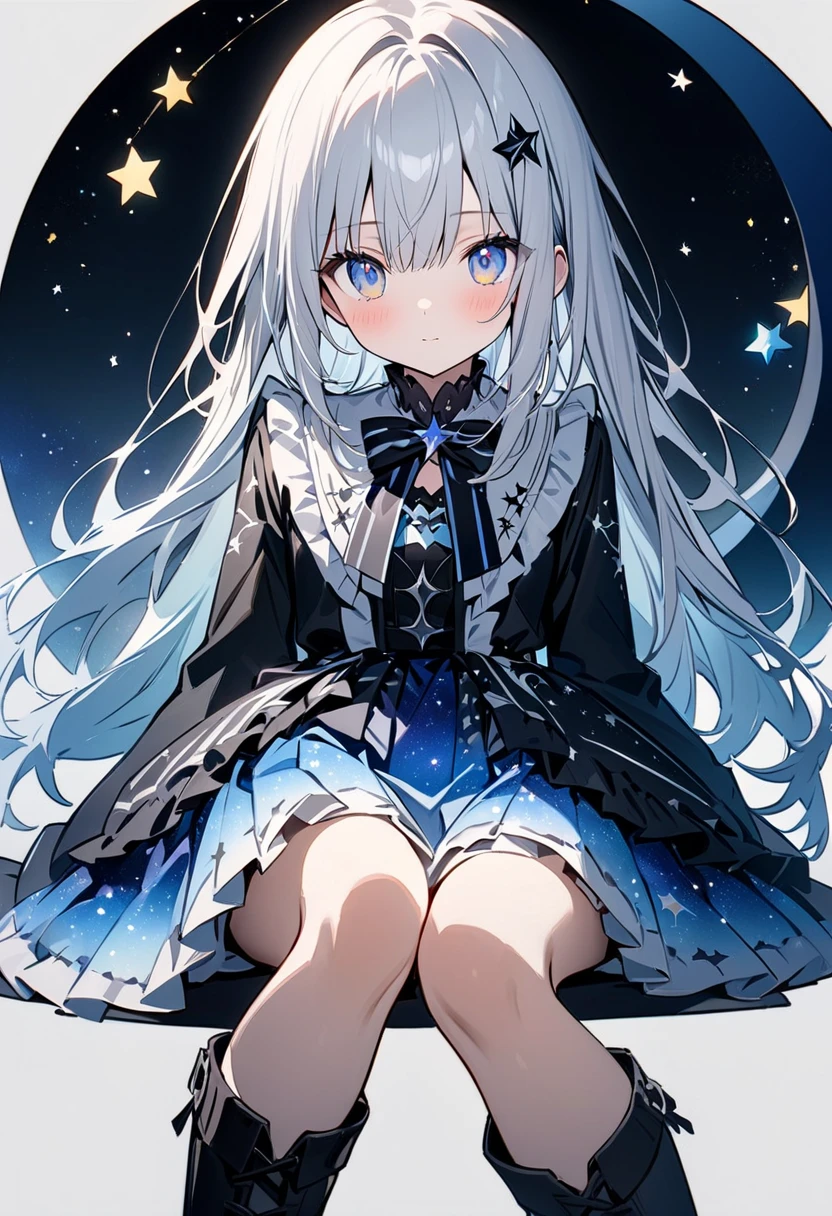 best quality,1girl,woman,full body,pale skin,petite,silver hair,long hair,straight hair,[hair band],blue eyes,small breasts,gothic [[[[[[lolita]]]]]]],(coat),grilled skirt,boots,bare shoulders,megami magazine,