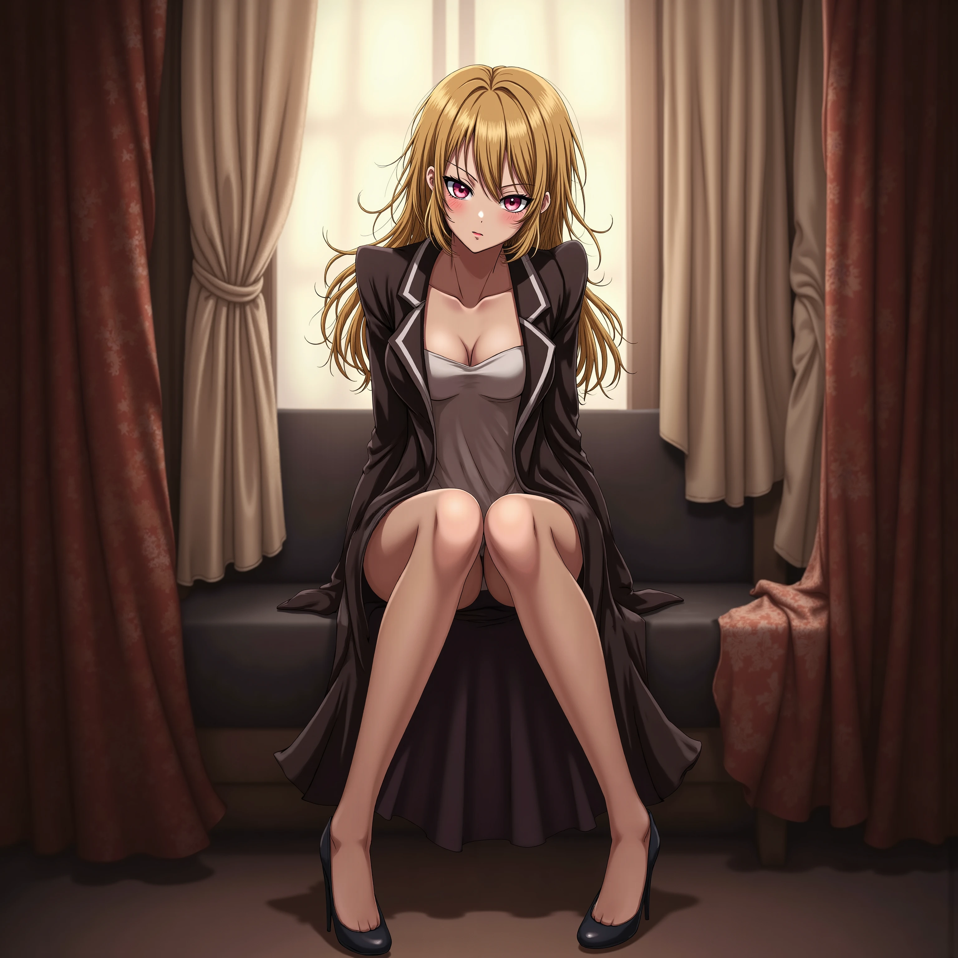  girl :(Raiko-chan),  Matte Brown Skin ,  small breasts, yellow hair,  , Top quality,   textured skin,  thin legs  、  high heels、  movie light effect , anime 