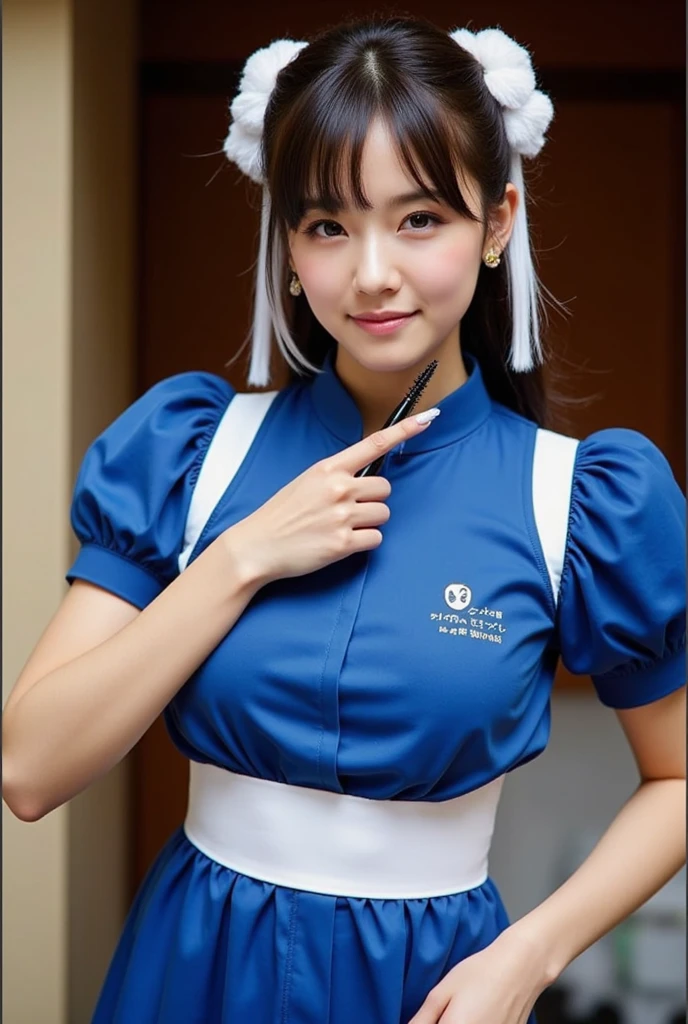 Beautiful Chinese woman in blue jersey,Wear a collar on your head