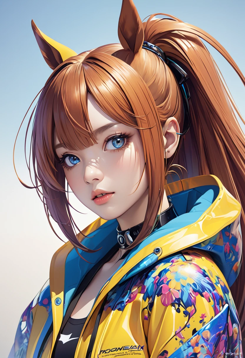 Beautiful woman, red hair, yellow eyes, large perfect snoopy breast, cleavage, highly detailed, black jacket,, vintage, dark fantasy, cowgirl, western style, headphones,