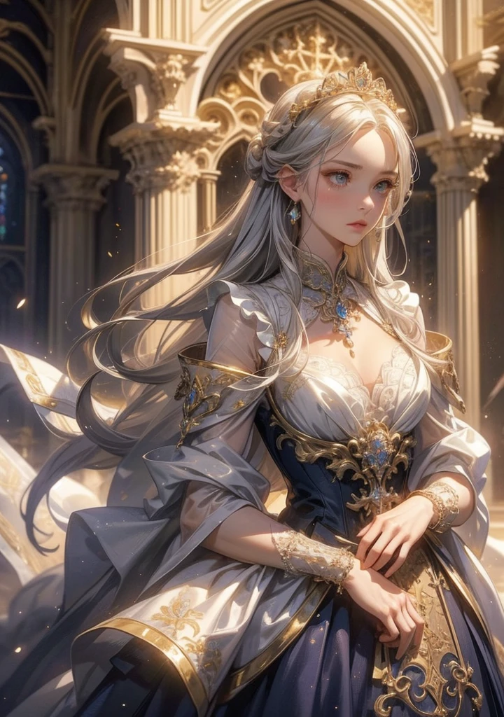 (((Dress Transparent Dress))), (((The dress features a voluminous hoop skirt and a long hem.、A gorgeous, incomparably gorgeous Rococo Victorian gown, Princess style skirt))), (ガウン shine まばゆいばかりに キラキラ 反射する プリズム状 透明 ガウン:1.2), (Gown A very elaborate gown:1.5), ((Huge breasts)), (Expressive hair), Very voluminous、Very long hair, bangs, Super delicate and beautiful face, Beautiful Lips, (Hyper Detail: Delicate and beautiful eyes), Cleavage, Beautiful smile, (((Young Face, Solo Enchanting Adorable Princess, Teenage Girl, pretty girl, very pretty girl))), (Anime Moe Art Style 1.3), (((masterpiece, Super detailed, Highest quality, Ultra-high resolution, Great quality, Exceptional Quality, Super detailed, Ultra-high resolution, Unity 16K, 32k, ultra photo Realistic))), (Face Focus, Eye focus, Realistic, Blurred Background, Lens flare, shine, Light caustic effect:1.5), (Background of the church at night:1.3), 