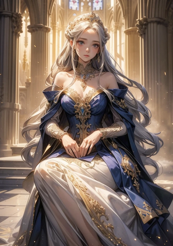 tmasterpiece, Best picture quality, k hd, Keep the details, Female character in dark game style, long whitr hair, Look up at the perspective, Wearing a blue dress trimmed with gold,The movement is to tilt the body forward and fly out, One hand raised slightly, smiling expression, Exquisite facial features, Tall figure, (((Outdoors in the palace of Europe at night)))