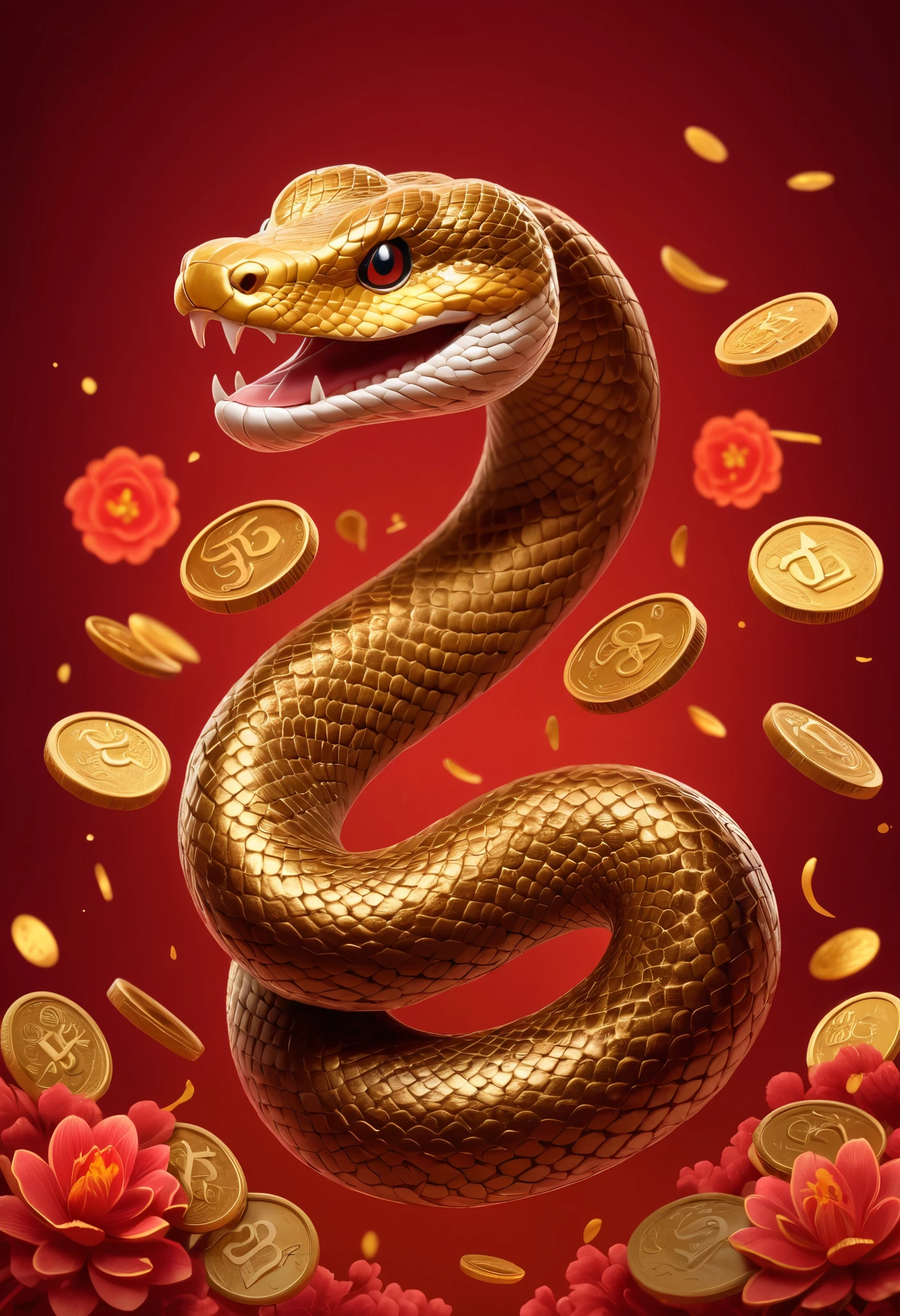 a cute little chinese snake,hairy,many golden coins in the air,blurred red background,intricate detailed ornate poster,calligraphic elements,colorful illustrations,vibrant colors,traditional chinese new year,masterpiece,photorealistic,8k,ultra-detailed,professional