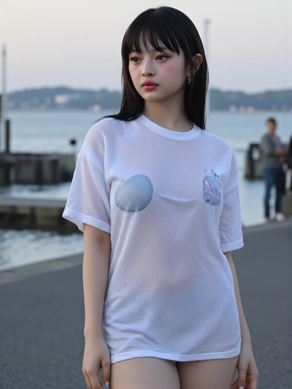 (masterpiece, realistic, photo-realistic:1.2), finely detail, ultra high res, perfect anatomy, best quality, 8K, soft focus, (happy smile:1.2), (2girls side by side, 16yo Japanese short girls, nsfw, T-shirt, short pants:1.2), upper body shot, focus on breasts, (black straight hair, short hair, blunt bangs:1.2), beautiful detailed face and big eyes, (glowing fair skin:1.2), (pointed huge breasts, gigantic breasts:1.2), (bloom, awesome detailed square pool, sunshade, beach chair:1.2), in pool,