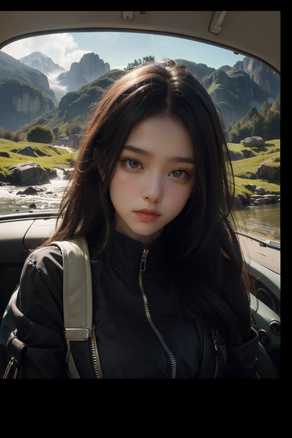 (Hyperrealistic), (high resolution), (8K), (Extremely detailed), (Beautiful detailed eyes), (Best quality), (Ultra-detailed), (Masterpiece), (the wallpaper), (Photorealistic:1.5), (Natural light), (rim lit), (Detailed face), Highly detailed realistic skin textures, Anatomically correct, Solo,women, (long hair highly detailed，Life is realistic:1.2), (Jet black hair:1.3), (Two braided hair), Black eyes, Small moles under the eyes,Long legs, Tight abs, Melancholic posture, (Closed mouth:1.2), (Blue parka,The collar is only fur), (The body goes from head to thighs:1.3), ribbed sweater, pencil skirts,necklace,liveroom