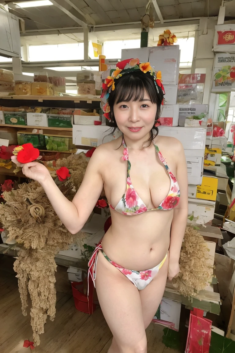 （facing back:1.2)、(high-level image quality、hightquality、hight resolution、detaileds、​masterpiece）、(There is a cute girl)、Smile at the camera、（A pure Japanese hairstyle with a beautiful hairpin）、（Light brown hair）、(being thin:1.2)、(Small:1.2)、(Bra and thong with large kimono-style decorations:1.2)、He wears a collar, bangles, and Japanese-style garter belt.、（holding a golden dragon in both hands）、The pose is so cute and nice、(In front of the gate of a big old house)