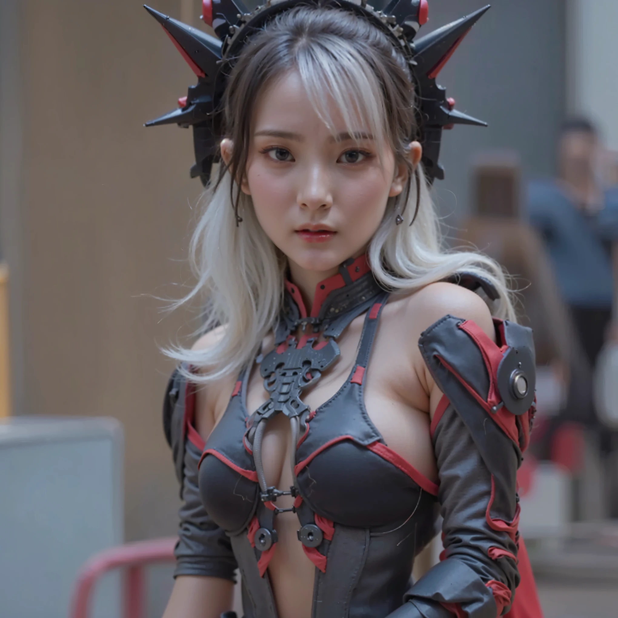 (Completely live action:1.37), (Amazingly realistic textures:1.37), (masterpiece, best quality:1.2), (8k uhd, 16k, 32k, ultra high res), amazingly realistic skin, amazingly realistic photo, superrealism, (photorealistic:1.37), (RAW photo), ultimately realistic, (ultimately realistic all details), (ultimately realistic all textures), super realistic lighting, super realistic shadow, (japanese girl:1.5), (realistic idol face), smiling, happy, super realistic face, ultimately realistic skin, ultimately realistic eyes, (mascara:1.35)ultimately realistic background, ultimately realistic detail up, (kkw-ph1:1.25), (Canon EOS R6, 85mm, 1/200s, f/5.6, ISO 1600), (tattoo), (mechanical armor:1.37), (blue eyes:1.2), (silver hair:1.3), 