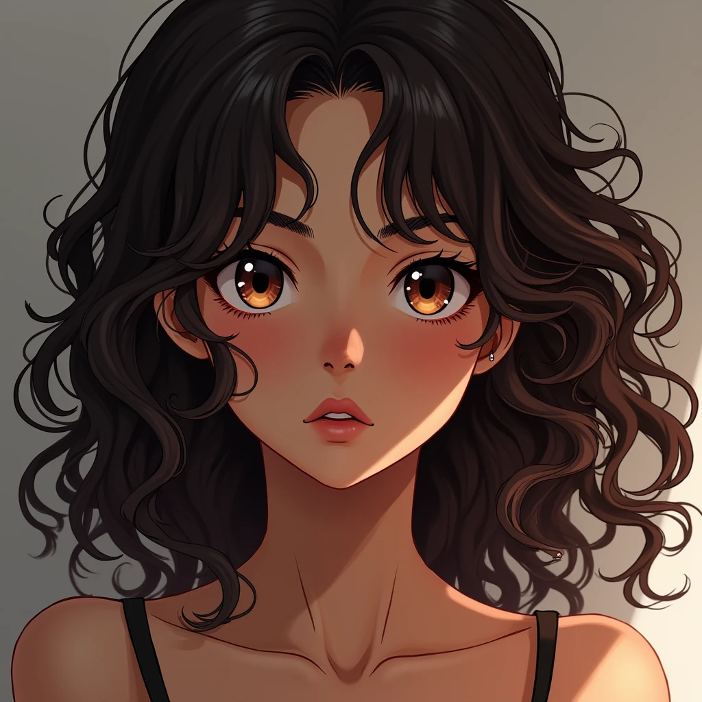 anime styling+ sexy brazilian girl+ brown and redhead+ curly hair 3A+ almond shaped brown eyes and upturned nose