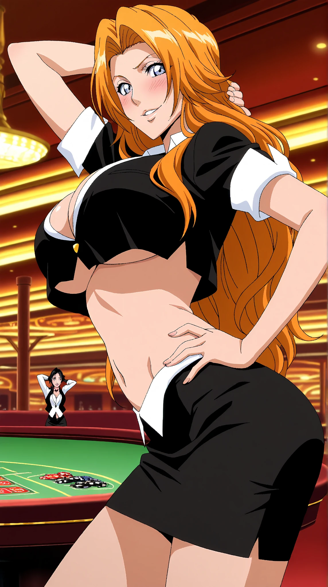 score_9, score_8_up, source_anime, best quality, nami, NAAmi, orange hair, orange eyes, long hair, large breasts, standing, looking at viewer, , , indoor, low angle, squatting, arms behind head, blush, from front, cleavage nami (one piece), 1girl, high heels, meme attire, drinking glass, reverse bunnysuit, orange hair, reverse outfit, pasties, solo, , breasts, animal ears, rabbit ears, bow, cup, bowtie, tail, tray, navel, heart pasties, rabbit tail, long hair, open mouth, fake animal ears, full body,,reverse bunnysuit, maebari, pasties, ((((reverse bunnysuit))))bare waist,