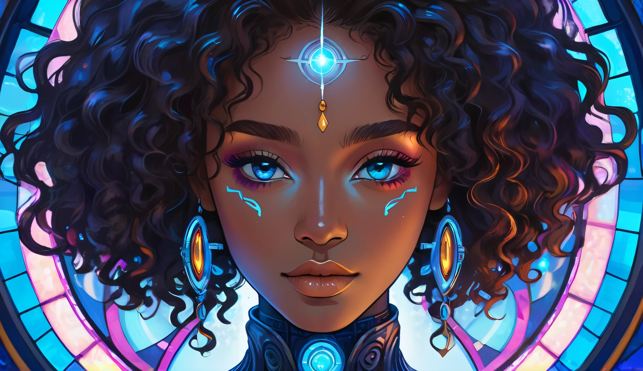 "A stunning futuristic portrait of a young woman with deep brown skin and voluminous curly hair, illuminated by neon blue lighting. Her piercing gaze and glowing facial highlights create an ethereal presence. She wears an intricately embroidered dark outfit adorned with shimmering details, reminiscent of royal cyberpunk attire. Behind her, a magnificent stained-glass window radiates vibrant colors—blue, orange, and pink—forming a mesmerizing halo effect. The image exudes a blend of fantasy and sci-fi aesthetics, with a celestial and otherworldly atmosphere."
