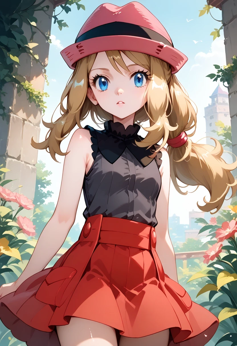 score_9, score_8_up, score_7_up, source_anime, serena, 1girl, solo, blue eyes, long hair/Short/ponytail hair, eyelashes, blonde hair, skirt, hat, pink headwear, sleeveless, shirt, sleeveless shirt, red skirt, hat bow, black shirt