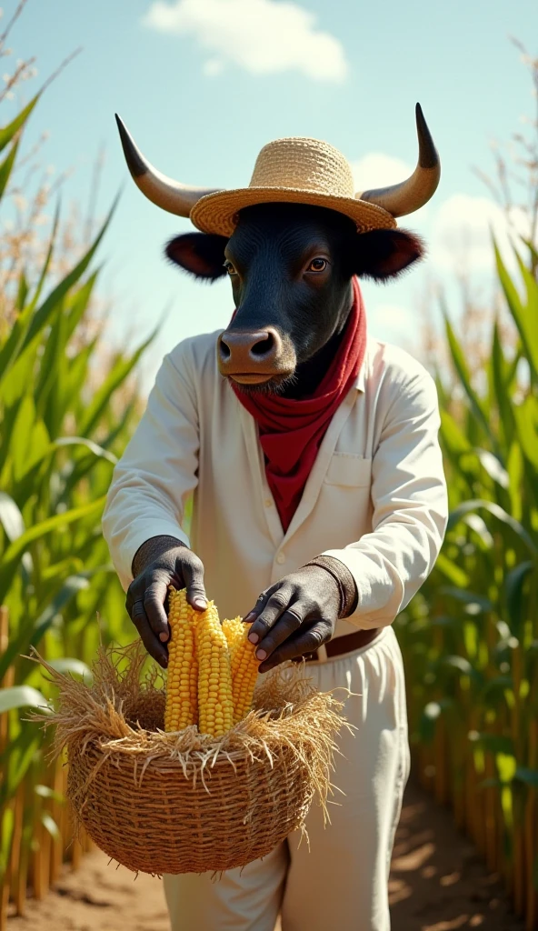 Half man half  black bull, tribal, caramel corn fields, sunrise, 8k rendering, realistic lighting, rim light, hyper detailed, octane render, cinematic, --ar 7:5