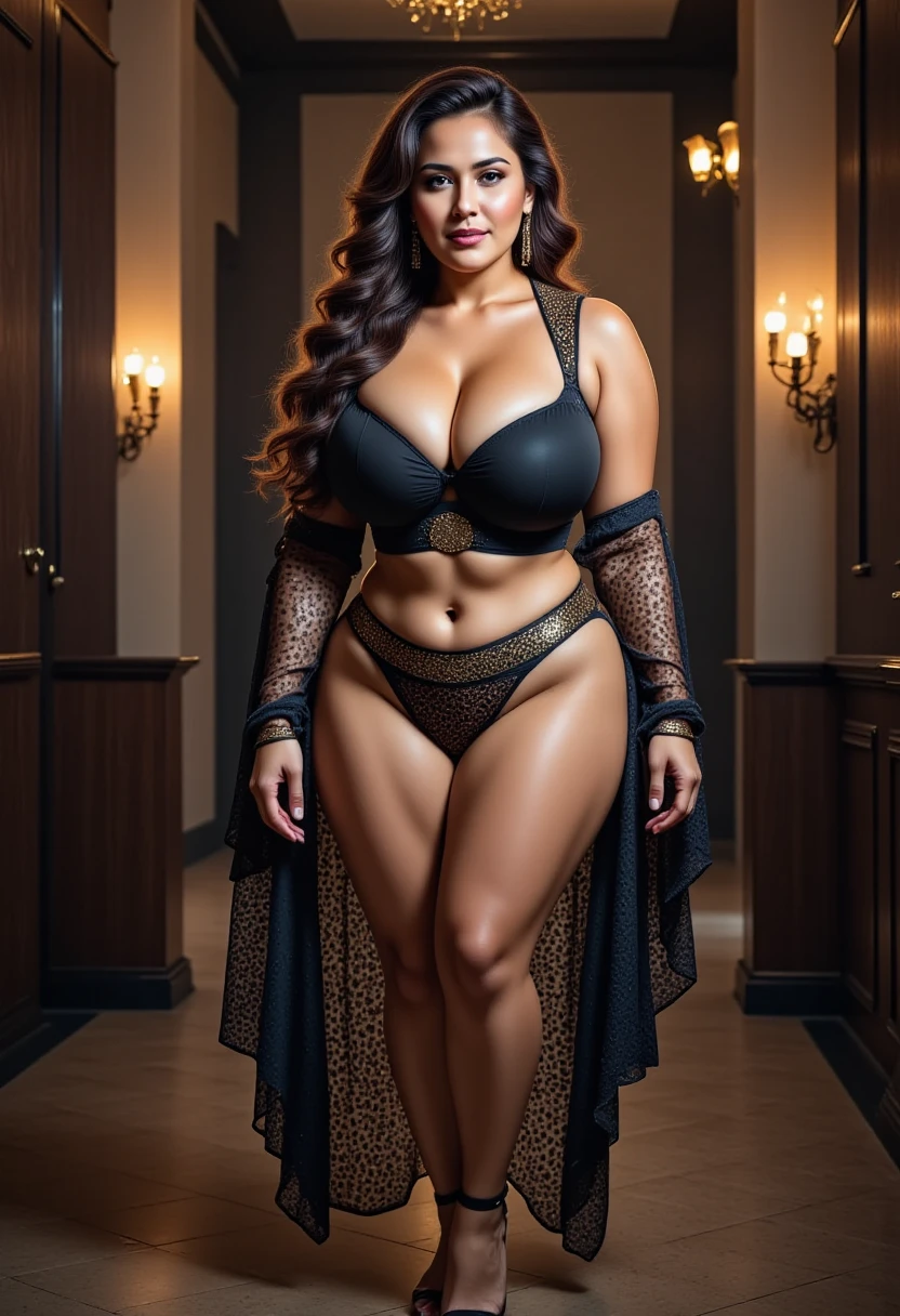 Woman taking a photo in a black and gold bikini, thick, [ 4k digital art ]!!, tits, Looks heavy, tits proportions, She has a plump, round belly., Giant Art, Powerful and huge, Detailed, thick build, High resolution consignment, Chubby, Tifa Lockhart、Selfie viewpoint