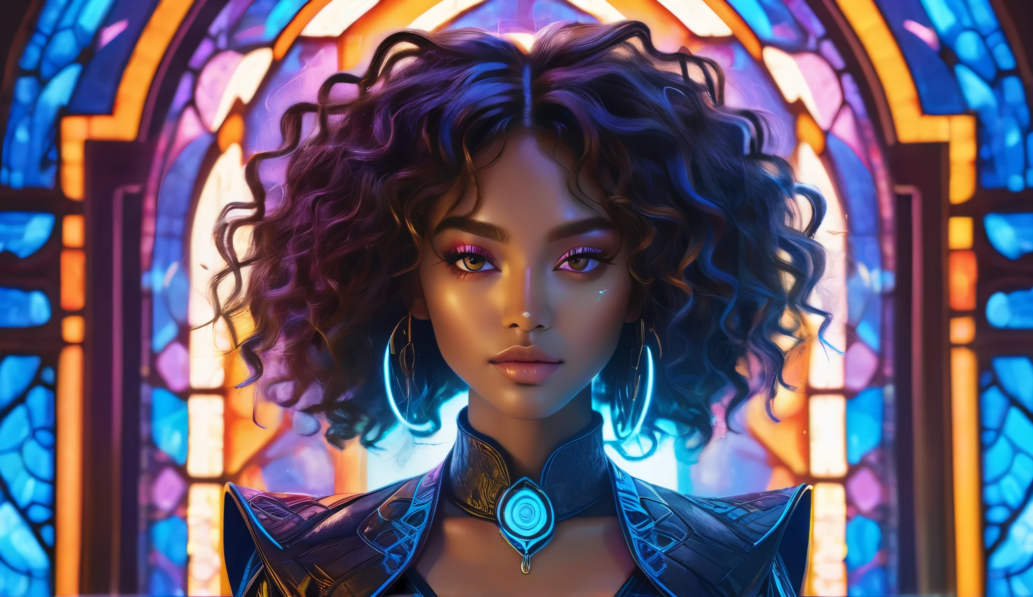 "A stunning futuristic portrait of a young woman with deep brown skin and voluminous curly hair, illuminated by neon blue lighting. Her piercing gaze and glowing facial highlights create an ethereal presence. She wears an intricately embroidered dark outfit adorned with shimmering details, reminiscent of royal cyberpunk attire. Behind her, a magnificent stained-glass window radiates vibrant colors—blue, orange, and pink—forming a mesmerizing halo effect. The image exudes a blend of fantasy and sci-fi aesthetics, with a celestial and otherworldly atmosphere."