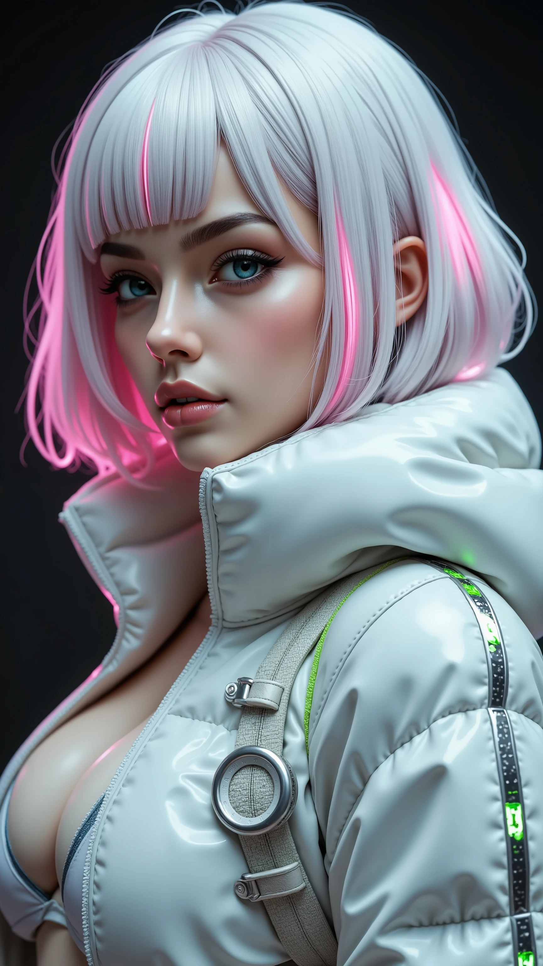 Cyberpunk anime girl, white hair with pink highlights, pale skin, futuristic white puffy jacket, neon green accents, holographic details, high-tech fashion, 3D render, photorealistic, high contrast, dark background, sleek design, hyper-detailed, cinematic lighting, ethereal glow, sci-fi aesthetics, digital art, character concept, urban future, avant-garde style, intense gaze