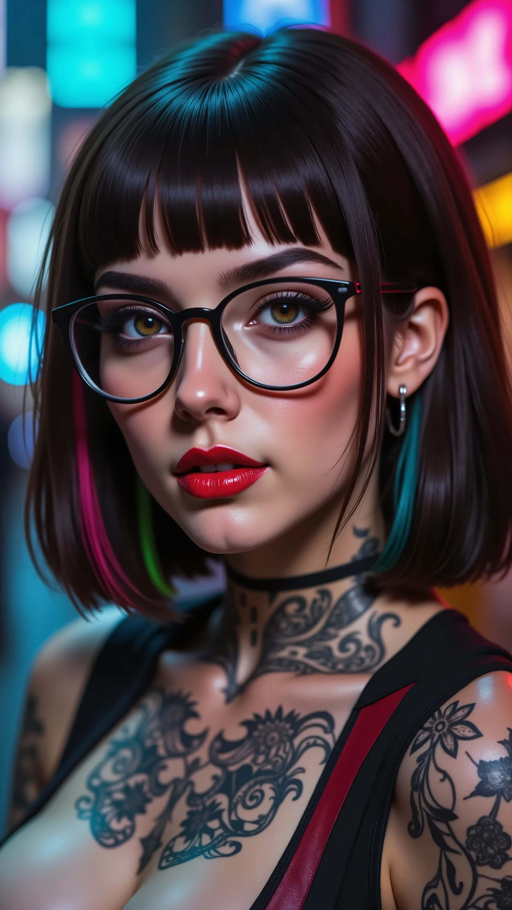 Cyberpunk portrait, woman with glasses, detailed face, neck tattoos, ear piercings, vibrant red lips, neon lighting, dark hair with bangs, colorful hair streaks, intricate tattoo designs, high contrast, hyper-realistic digital art, futuristic aesthetic, urban background, sharp focus.