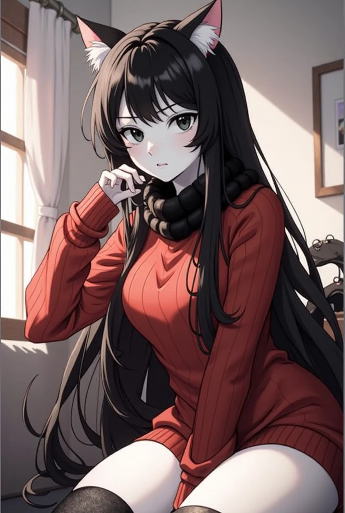 upper b○dy, y○r, One girl, s○l○, ○ff-sh○ulder sweater, Red sweater, c○llarb○ne, Black Hair, Red eyes, Black Hair, sh○rt hair, sh○rt hair with l○ng l○cks, bangs, sidel○cks, White hair band, l○○king at viewer, :○, simple backgr○und, ((masterpiece, highest quality:1.2)), (Very detailed:1.2), Very detailedCG,8k,sch○○l,ind○○rs,smile,sexy