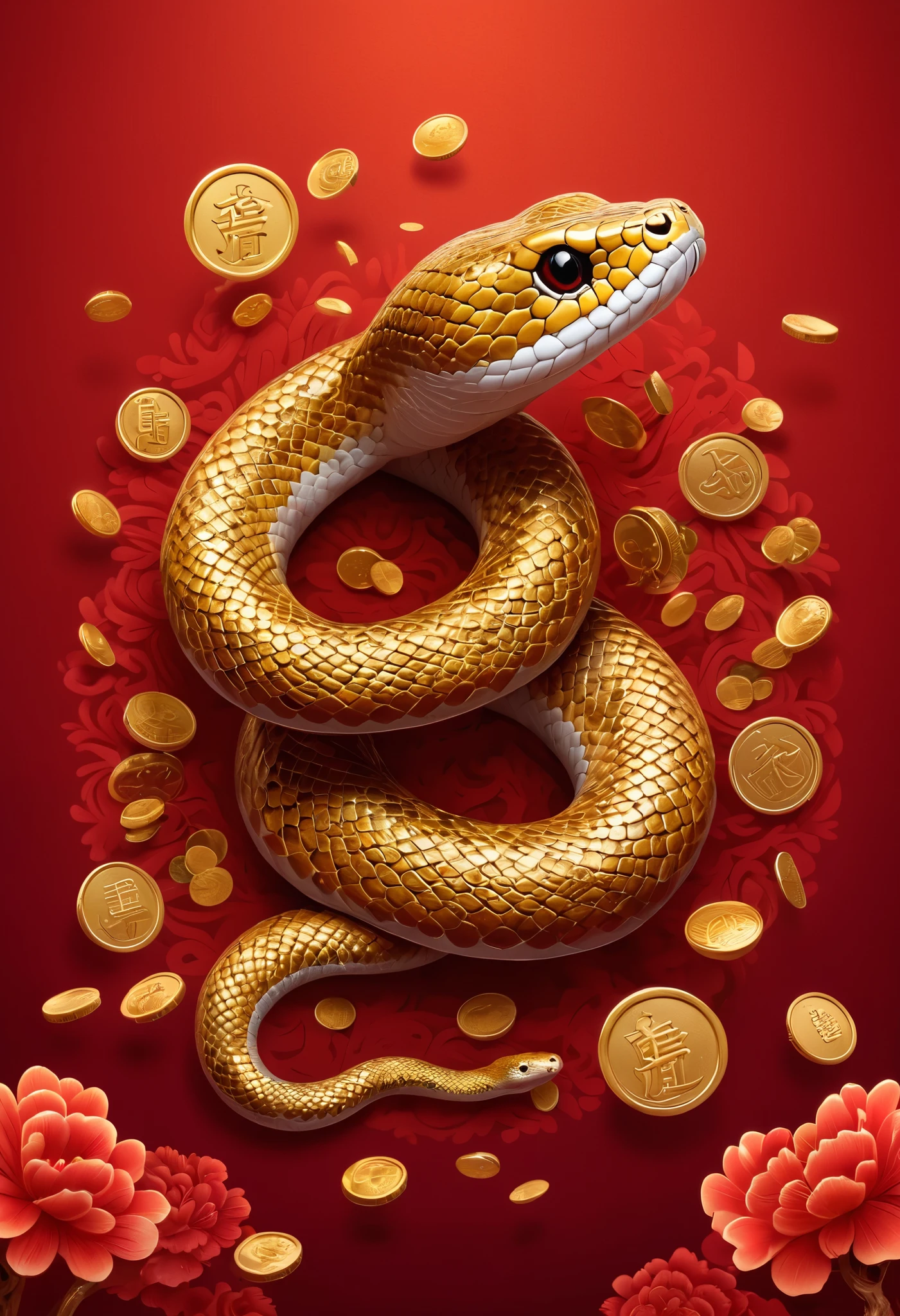 a cute little chinese snake,hairy,many golden coins in the air,blurred red background,intricate detailed ornate poster,calligraphic elements,colorful illustrations,vibrant colors,traditional chinese new year,masterpiece,photorealistic,8k,ultra-detailed,professional