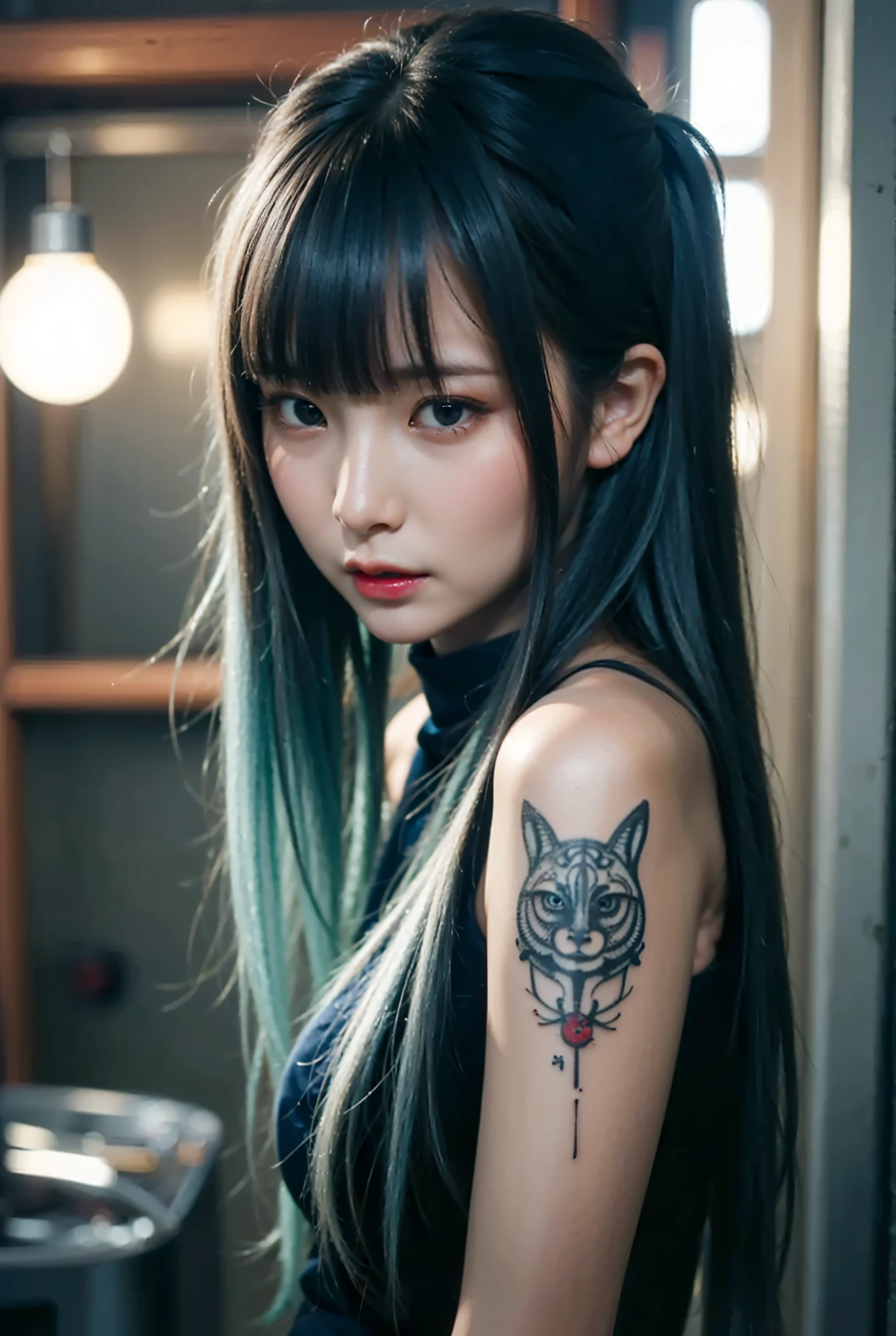 (Completely live action:1.37), (Amazingly realistic textures:1.37), (masterpiece, best quality:1.2), (8k uhd, 16k, 32k, ultra high res), amazingly realistic skin, amazingly realistic photo, superrealism, (photorealistic:1.37), (RAW photo), ultimately realistic, (ultimately realistic all details), (ultimately realistic all textures), super realistic lighting, super realistic shadow, (japanese girl:1.5), (realistic idol face), smiling, happy, super realistic face, ultimately realistic skin, ultimately realistic eyes, (mascara:1.35)ultimately realistic background, ultimately realistic detail up, (kkw-ph1:1.25), (Canon EOS R6, 85mm, 1/200s, f/5.6, ISO 1600), (tattoo), (mechanical armor:1.37), (blue eyes:1.2), (silver hair:1.3),