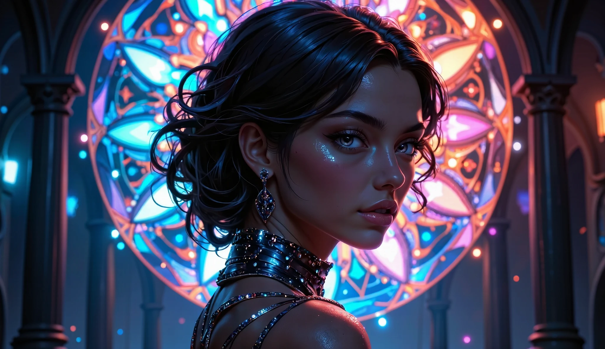 The image portrays a young, dark-skinned woman ,  with a futuristic and ethereal look .  Her face is illuminated by shades of neon blue ,  highlighting his intense expression and his penetrating eyes .  Her hair is voluminous and curly ,  with a subtle lighting that reflects the lighting Around . She wears a detailed outfit ,  rich in ornaments and sparkling patterns ,  reminiscent of a real costume or cybernetic fantasy .

In the background,  there is a highly detailed circular stained glass ,  radiating vibrant colors like blue , Orange and Pink,  creating a hypnotic and heavenly effect .  The light of the stained glass seems to interact with the bright character ,  making her presence even more mystical .  The atmosphere of the image evokes a futuristic and magical environment ,  with a cyberpunk touch and digital fantasy art influences.

