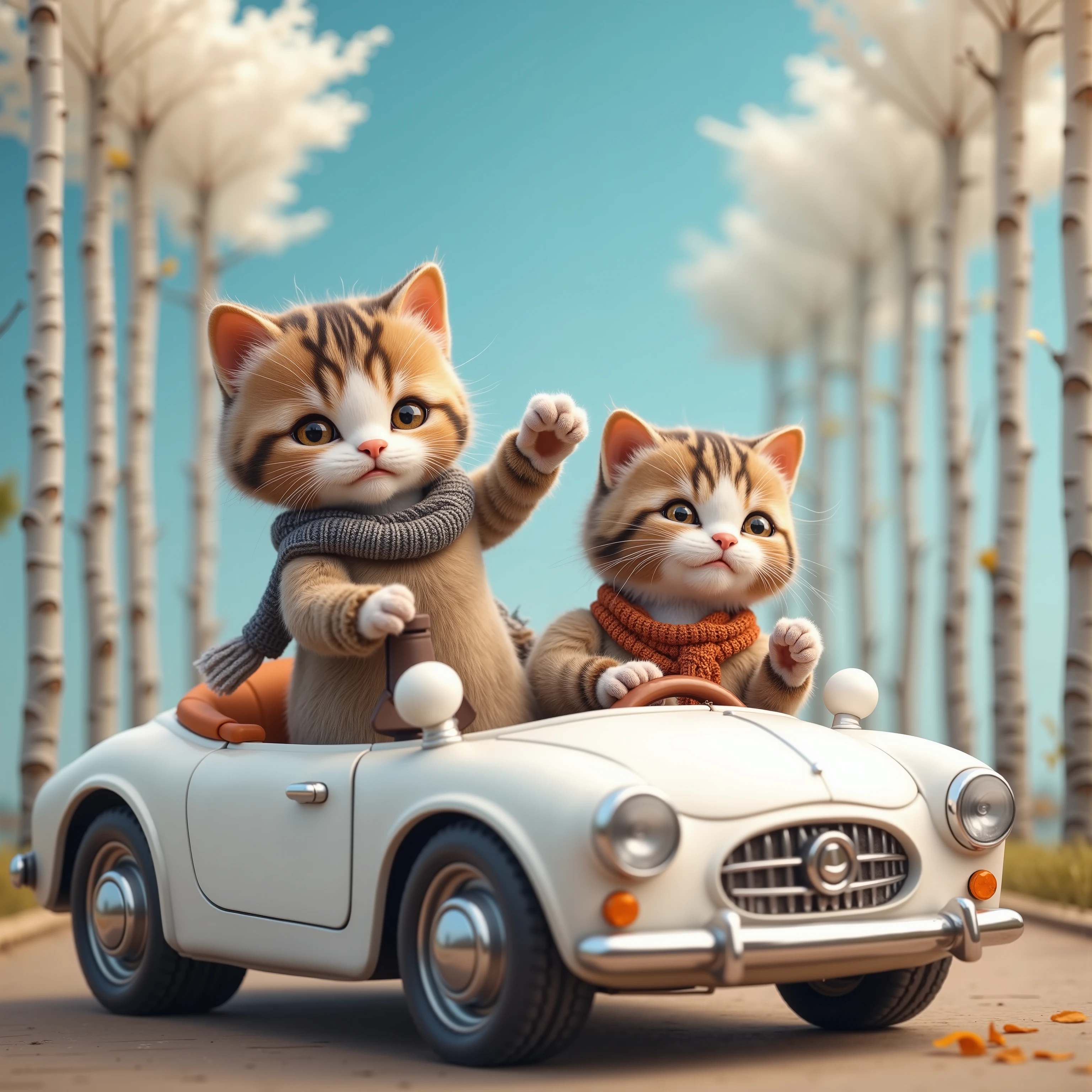 cats drawn in 25 sizes 2 adorable babys,Kitten in a car ,White car, blue sky,Detailed and realistic coat ,The kitten is wearing a sweater , wearing a scarf ,The background is a row of white birch trees ,Realistic cat standing on 2 legs, eyes are like beautiful marbles ,Kitten driving a car