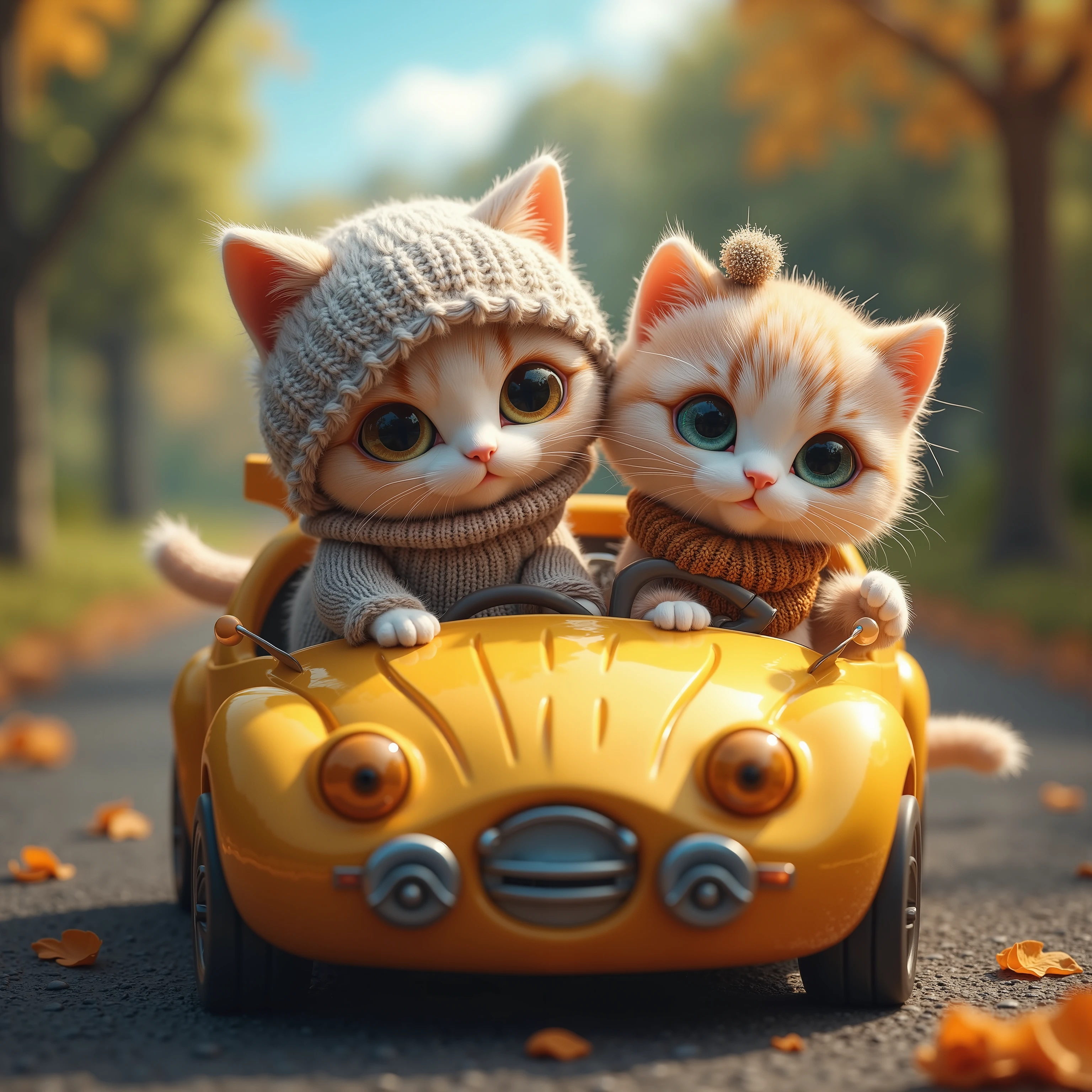  baby cats drawn in 25 sizes 2 adorable  cats,Kitten in a car ,Yellow car, blue sky,Detailed and realistic coat ,The kitten is wearing a sweater , wearing a scarf , The background is in the woods ,Realistic cat standing on 2 legs, eyes are like beautiful marbles ,Kitten driving a car