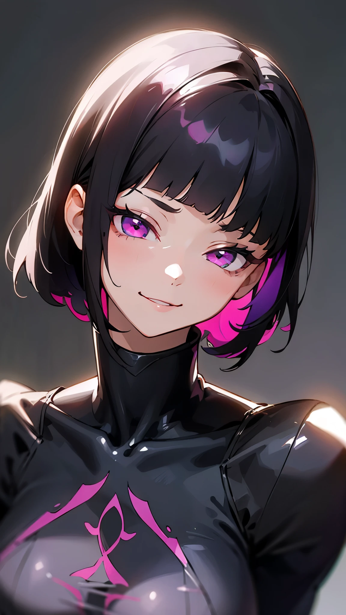  1 girl、 black hair、Deep pink eyes、 squint、 cheeky smile、 Upper Body Closeup 、（ Masterpiece：1.2、 best quality ）、（Fine and beautiful eyes：1.2）、（Beautiful, fine face ）、（Best lighting、 very delicate and beautiful）、（dark background ：1.5）、 purple rubber suit