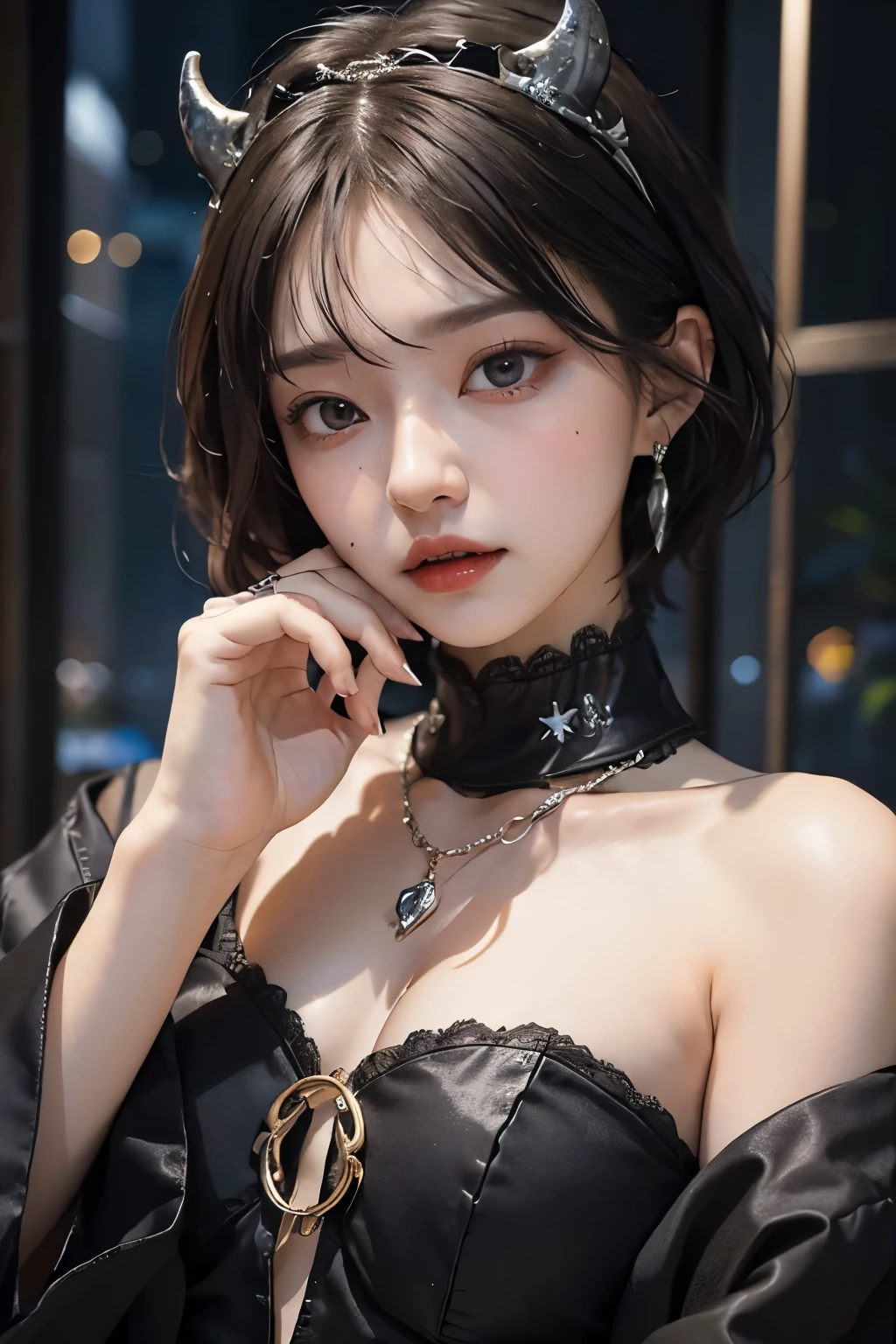 (Highest quality:1.3)、(masterpiece:1.3)、sharp、(Perfect body beauty:1.2)、(Night Scene:1.3)、(Black Dress:1.3)、(Luxurious Room:1.2)、(chain:1.2)、Highly detailed face and skin texture、Detailed eyes、((Beautiful single woman))、(devilize:1.3)、((decadence))、(evilize)、short hair、boyish、unisex、Big eyes、necklace、bracelet、Earrings、choker、ring、chain accessories、chain、Thick chain collar、(restrain with chains)、((fall to the dark side))、((evil princess))、((Cleavage))、((Side boob))、Off the shoulder、(palace)、((Fantasy Castle))、((The Devil's Bride))、((devil princess))、((Blushing))、(looking at the camera)、(chain choker)、(devil horns)、(sexual excitement)、